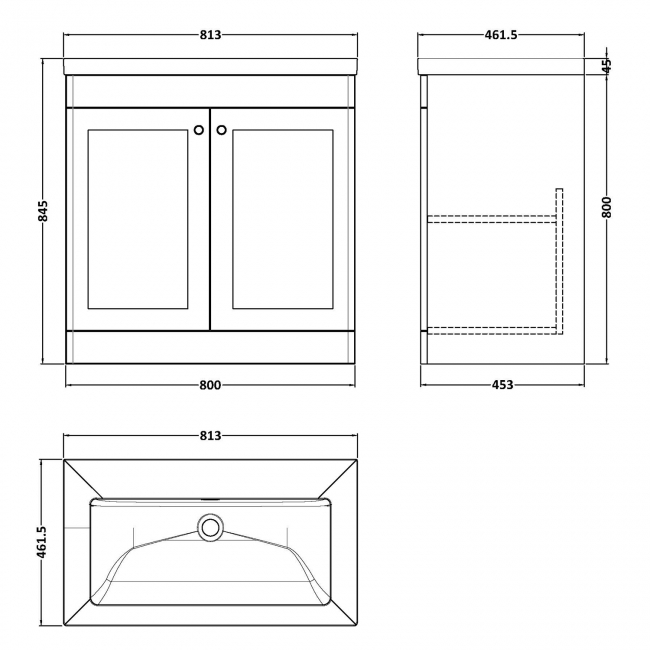 Nuie Classique Floor Standing 2-Door Vanity Unit with 0TH Contemporary Basin 800mm Wide - Satin White  | Dimension Image
