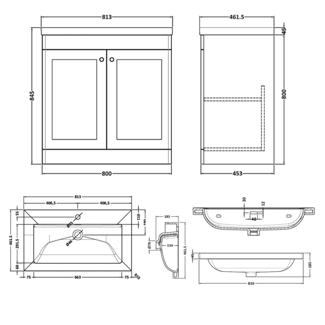 Nuie Classique Floor Standing 2-Door Vanity Unit with 1TH Contemporary Basin 800mm Wide - Satin Green  | Dimension Image