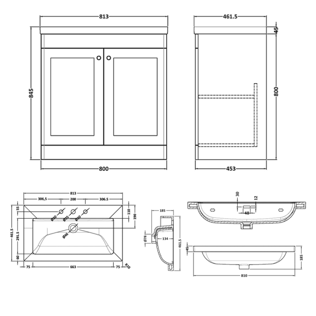 Nuie Classique Floor Standing 2-Door Vanity Unit with 3TH Contemporary Basin 800mm Wide - Satin Green  | Dimension Image
