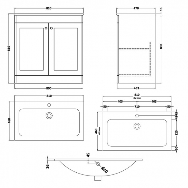 Nuie Classique Floor Standing 2-Door Vanity Unit with 1TH Stone Textured Basin 800mm Wide - Satin Green  | Dimension Image