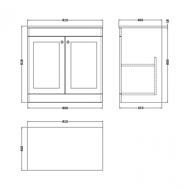 Nuie Classique Floor Standing 2-Door Vanity Unit with White Marble Worktop 800mm Wide - Satin White  | Dimension Image