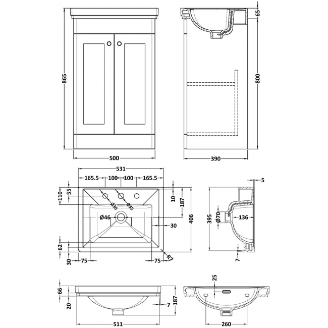 Nuie Classique Floor Standing 2-Door Vanity Unit with Basin 500mm Wide Satin Anthracite - 3 Tap Hole