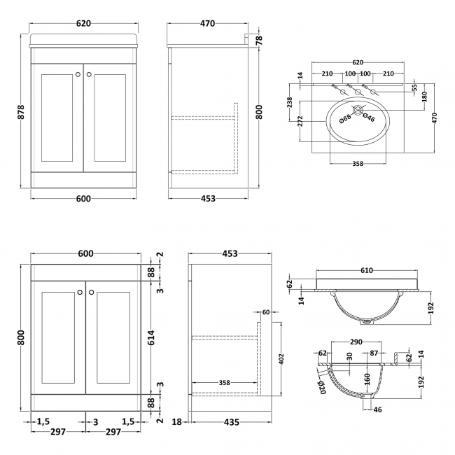 Nuie Classique Floor Standing 2-Door Vanity Unit with 3TH Grey Marble Top Basin 600mm Wide - Satin Green