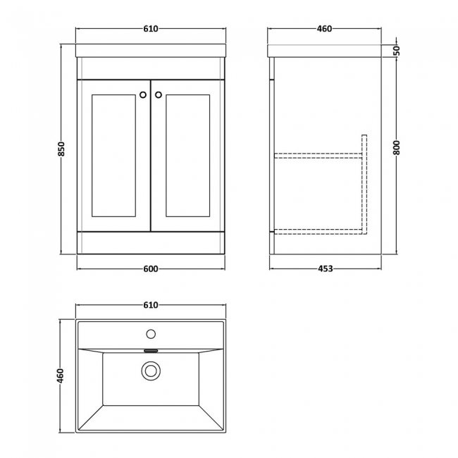 Nuie Classique Floor Standing 2-Door Vanity Unit with 1TH Thin-Edge Basin 600mm Wide - Satin Anthracite  | Dimension Image