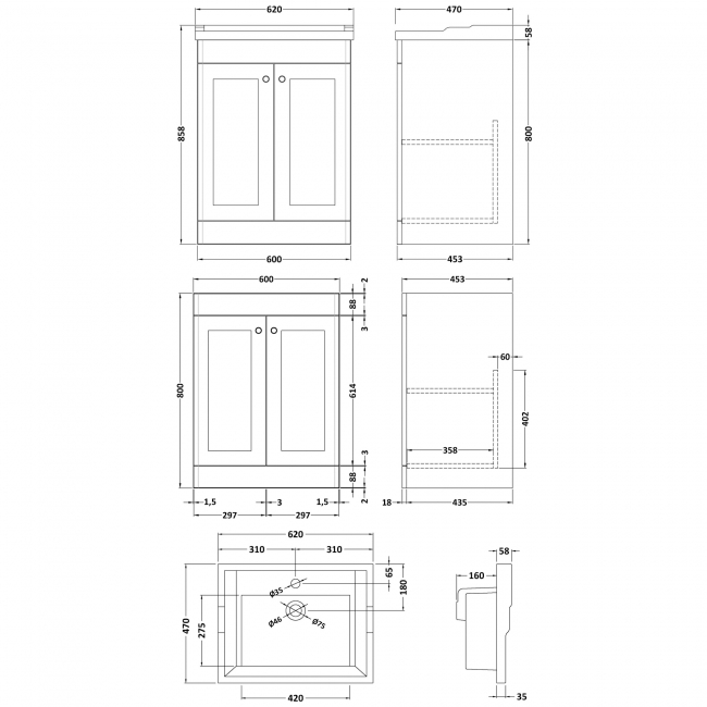 Nuie Classique Floor Standing 2-Door Vanity Unit with Traditional Basin 600mm Wide Satin Anthracite - 1 Tap Hole