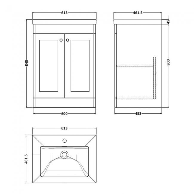 Nuie Classique Floor Standing 2-Door Vanity Unit with 1TH Contemporary Basin 600mm Wide - Satin Anthracite  | Dimension Image