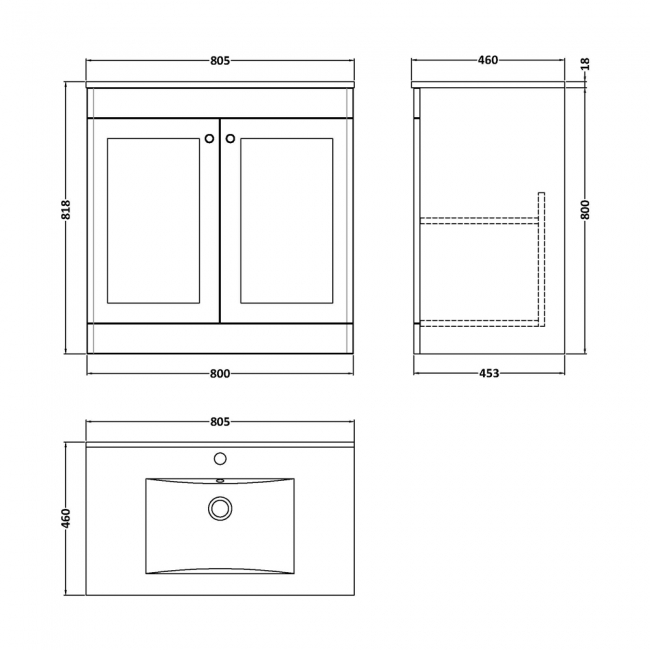 Nuie Classique Floor Standing 2-Door Vanity Unit with 1TH Minimalist Basin 800mm Wide - Satin Anthracite  | Dimension Image