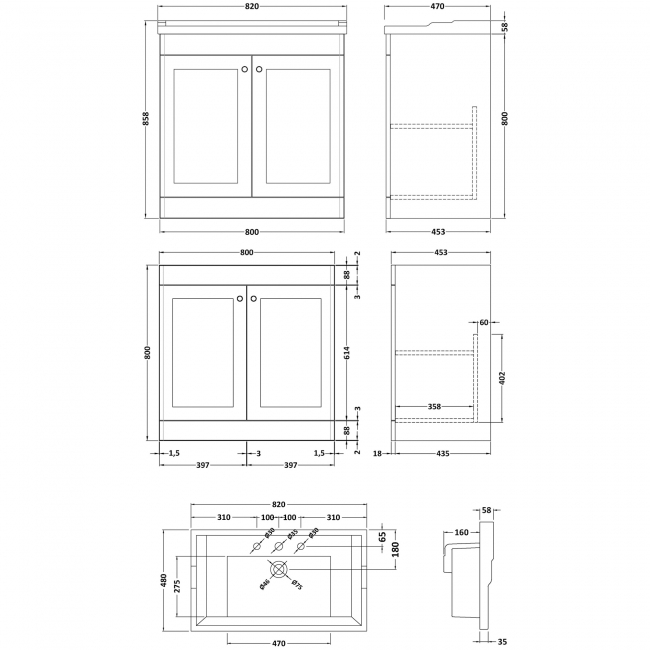 Nuie Classique Floor Standing 2-Door Vanity Unit with Traditional Basin 800mm Wide Satin Green - 3 Tap Hole