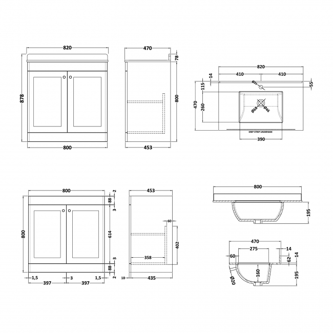 Nuie Classique Floor Standing 2-Door Vanity Unit with 1TH White Square Marble Top Basin 800mm Wide - Satin Anthracite