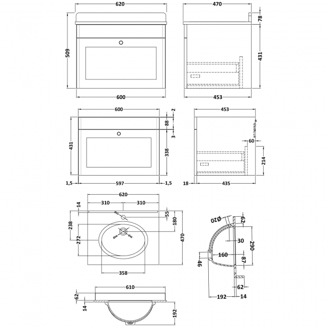 Nuie Classique Wall Hung 1-Drawer Vanity Unit with 1TH Black Marble Top Basin 600mm Wide - Satin Grey