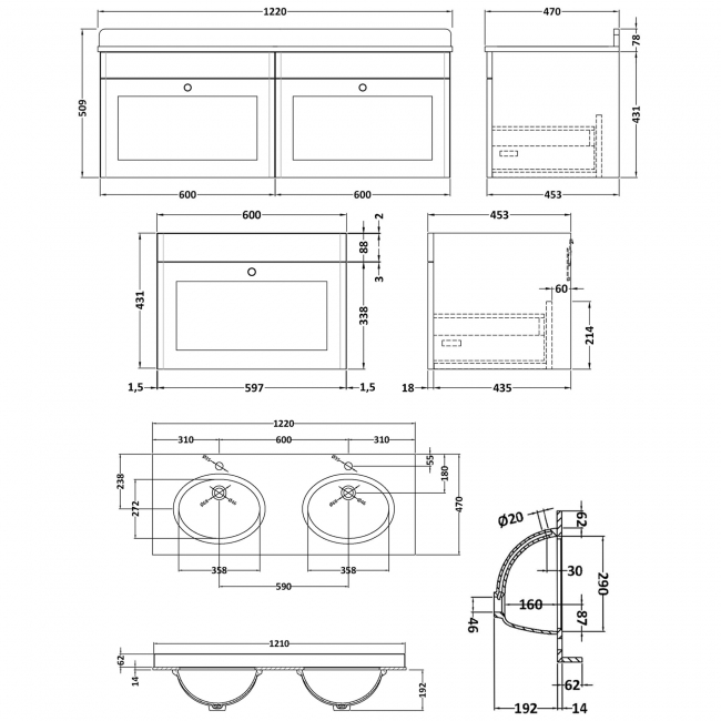 Nuie Classique Wall Hung 2-Drawer Vanity Unit with 1TH Grey Round Marble Top Basin 1200mm Wide - Satin Grey