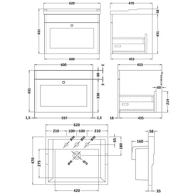 Nuie Classique Wall Hung 1-Drawer Vanity Unit with Traditional Basin 600mm Wide Satin Grey - 3 Tap Hole
