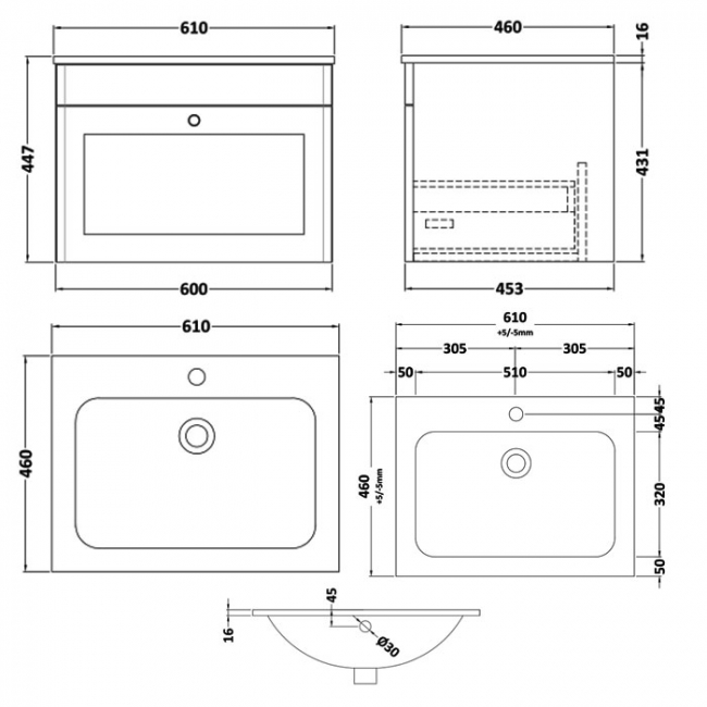 Nuie Classique Wall Hung 1-Drawer Vanity Unit with 1TH Stone Textured Basin 600mm Wide - Soft Black  | Dimension Image