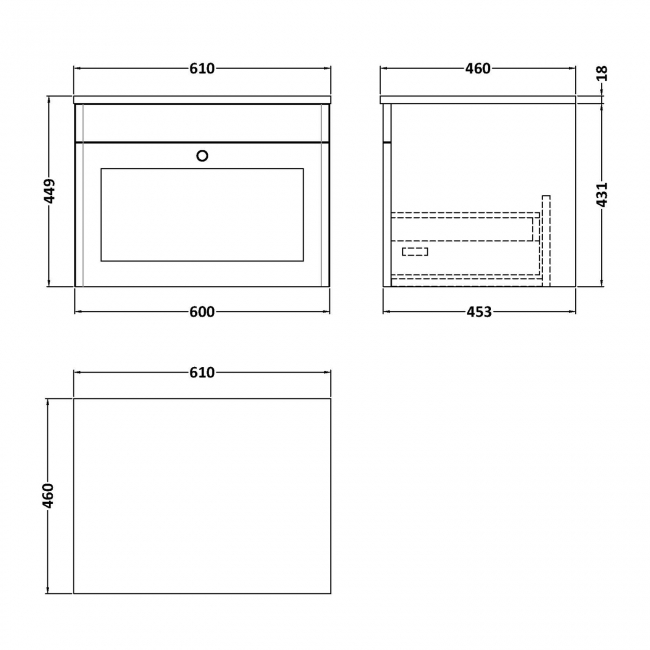 Nuie Classique Wall Hung 1-Drawer Vanity Unit with White Marble Worktop 600mm Wide - Satin Anthracite  | Dimension Image