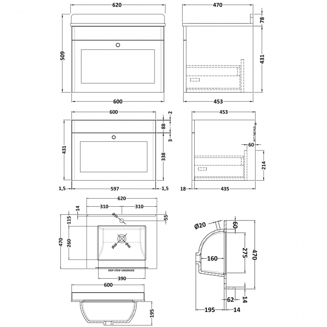 Nuie Classique Wall Hung 1-Drawer Vanity Unit with 1TH White Square Marble Top Basin 600mm Wide - Satin Grey