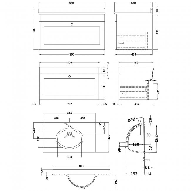 Nuie Classique Wall Hung 1-Drawer Vanity Unit with 1TH Black Marble Top Basin 800mm Wide - Satin Green