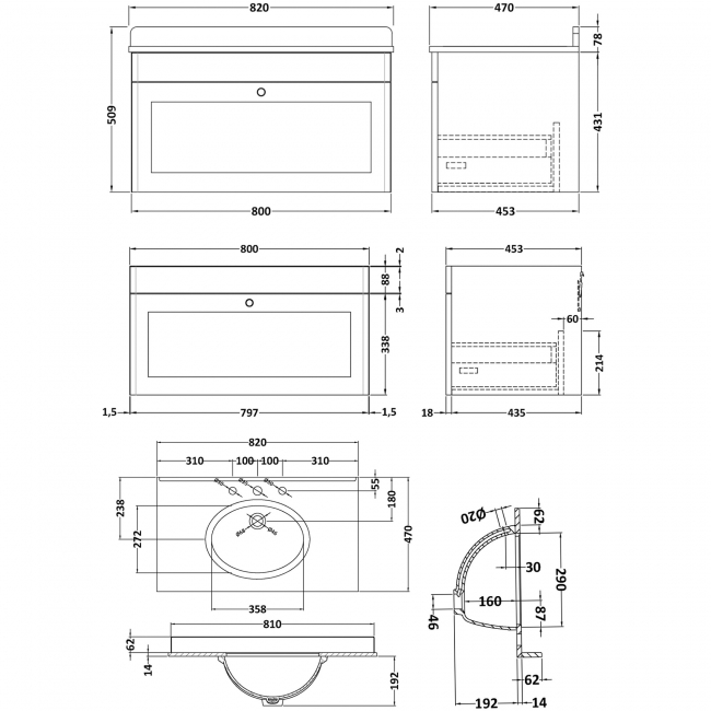Nuie Classique Wall Hung 1-Drawer Vanity Unit with 3TH Black Marble Top Basin 800mm Wide - Satin Anthracite