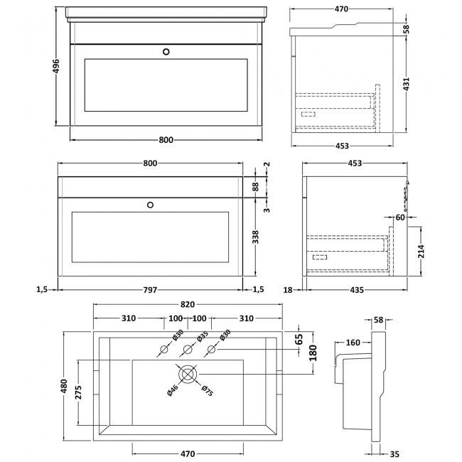 Nuie Classique Wall Hung 1-Drawer Vanity Unit with Traditional Basin 800mm Wide Satin Green - 3 Tap Hole