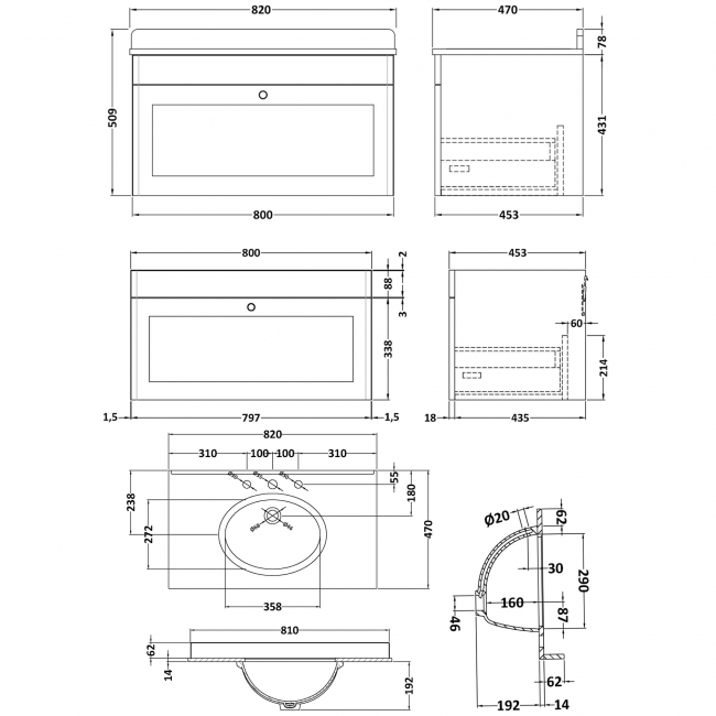 Nuie Classique Wall Hung 1-Drawer Vanity Unit with 3TH Grey Marble Top Basin 800mm Wide - Satin Green