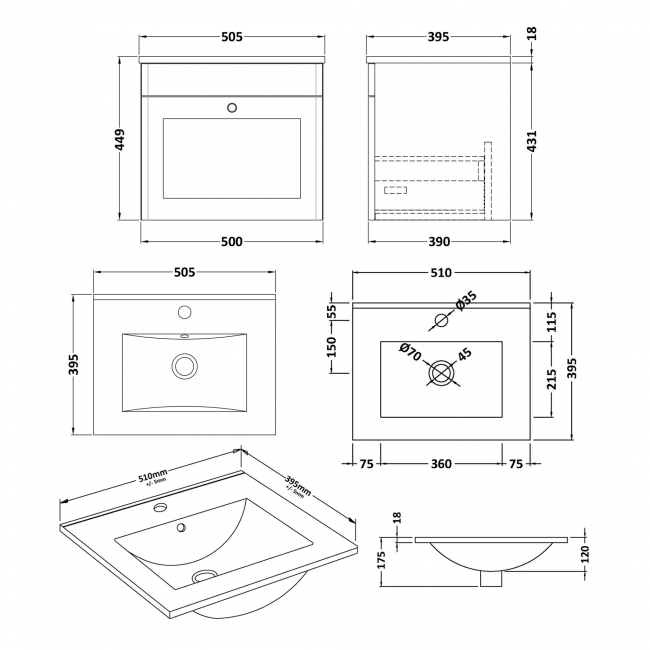 Nuie Classique Wall Hung 1-Drawer Vanity Unit with Basin-2 500mm Wide - Satin Grey