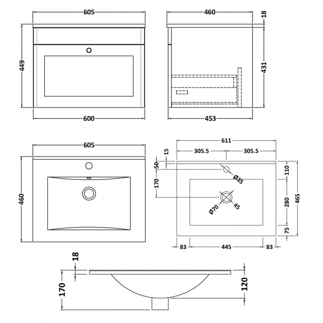 Nuie Classique Wall Hung 1-Drawer Vanity Unit with 1TH Minimalist Basin 600mm Wide - Satin Grey  | Dimension Image