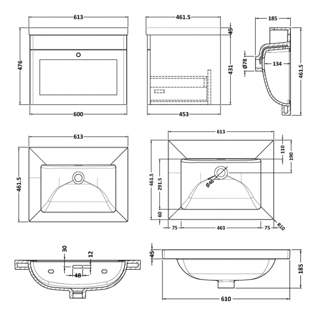 Nuie Classique Wall Hung 1-Drawer Vanity Unit with 0TH Contemporary Basin 600mm Wide - Satin Green  | Dimension Image