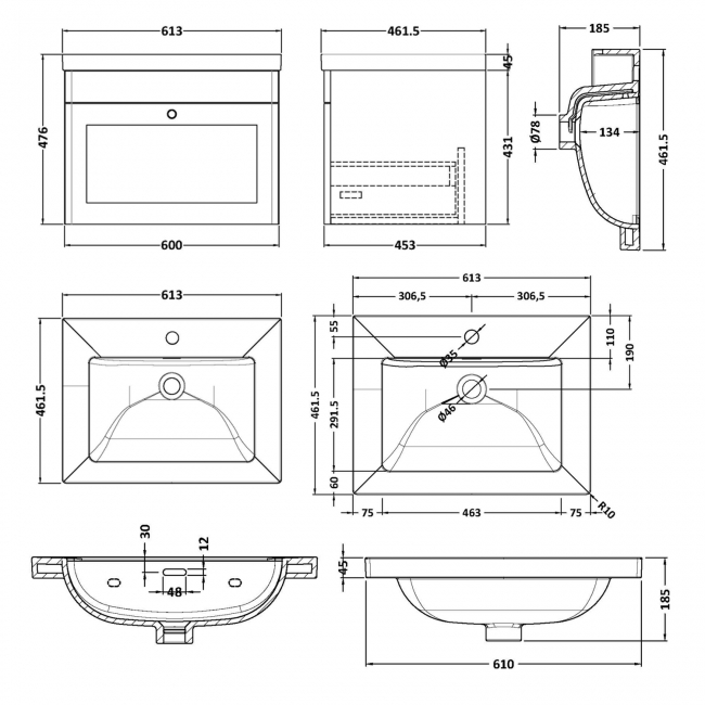 Nuie Classique Wall Hung 1-Drawer Vanity Unit with 1TH Contemporary Basin 600mm Wide - Satin Grey  | Dimension Image