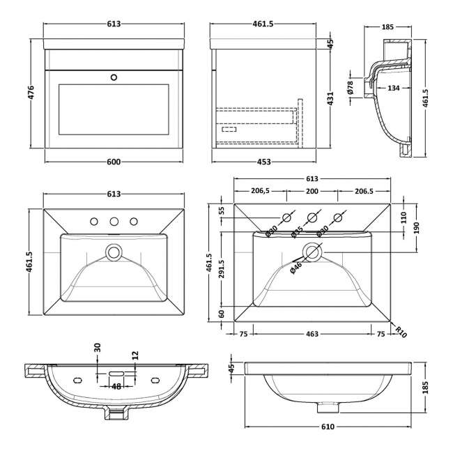 Nuie Classique Wall Hung 1-Drawer Vanity Unit with 3TH Contemporary Basin 600mm Wide - Satin Green  | Dimension Image