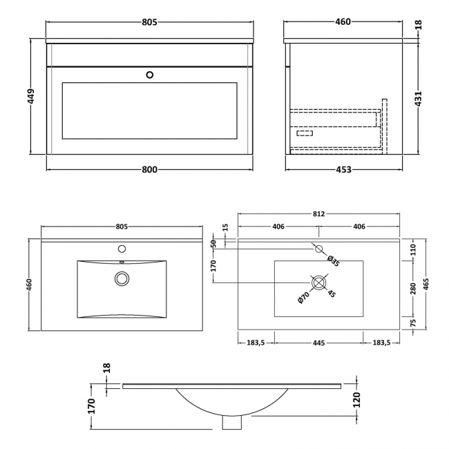 Nuie Classique Wall Hung 1-Drawer Vanity Unit with 1TH Minimalist Basin 800mm Wide - Satin Green  | Dimension Image
