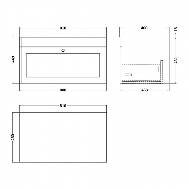 Nuie Classique Wall Hung 1-Drawer Vanity Unit with White Marble Worktop 800mm Wide - Satin White  | Dimension Image