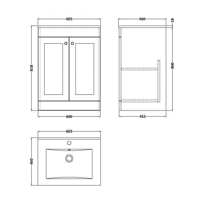 Nuie Classique Floor Standing 2-Door Vanity Unit with 1TH Minimalist Basin 600mm Wide - Satin Green