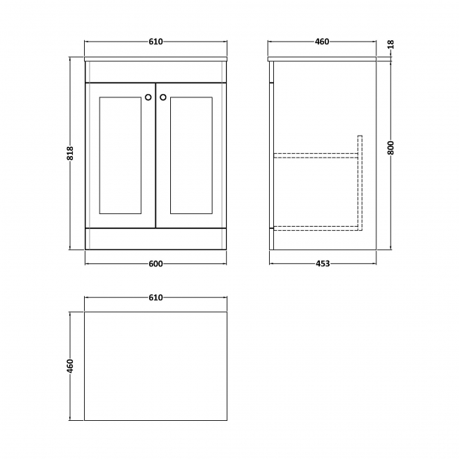 Nuie Classique Floor Standing 2-Door Vanity Unit with White Marble Worktop 600mm Wide - Satin Green  | Dimension Image