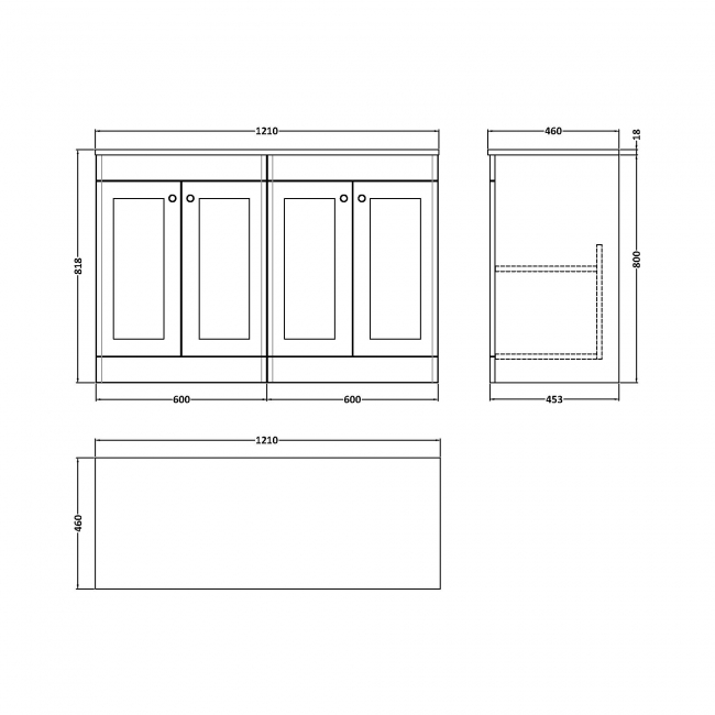 Nuie Classique Floor Standing 4-Door Vanity Unit with Grey Marble Worktop 1200mm Wide - Satin Green