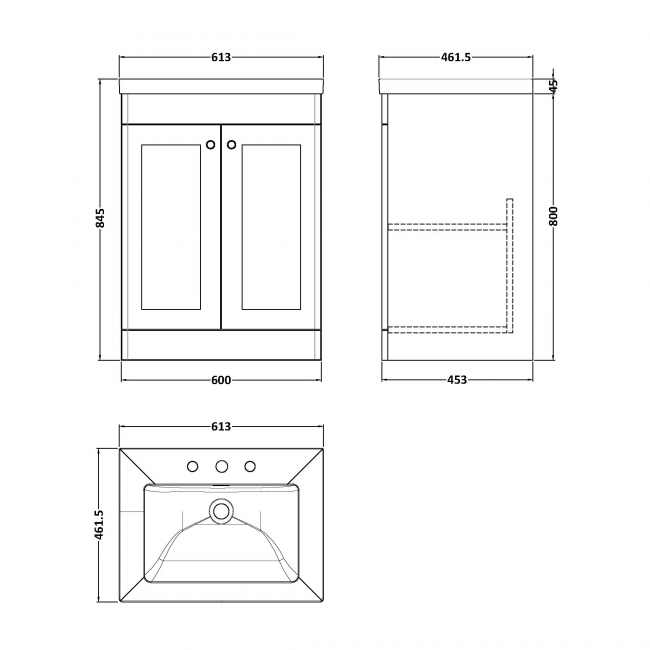 Nuie Classique Floor Standing 2-Door Vanity Unit with 3TH Contemporary Basin 600mm Wide - Satin Green