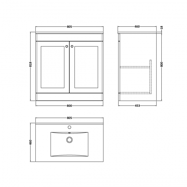 Nuie Classique Floor Standing 2-Door Vanity Unit with 1TH Minimalist Basin 800mm Wide - Satin Green
