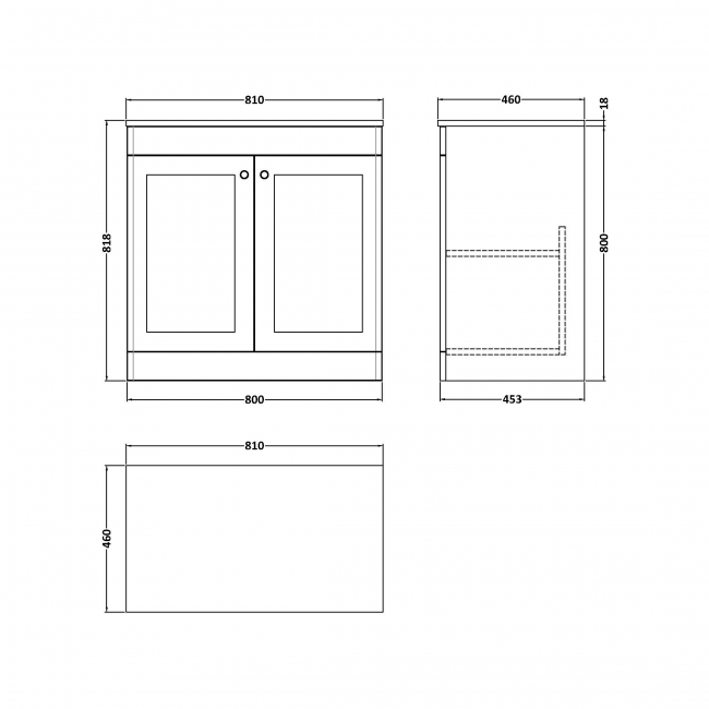 Nuie Classique Floor Standing 2-Door Vanity Unit with White Marble Worktop 800mm Wide - Satin Green  | Dimension Image