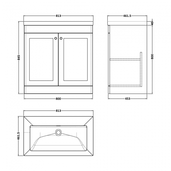 Nuie Classique Floor Standing 2-Door Vanity Unit with 0TH Contemporary Basin 800mm Wide - Satin Green  | Dimension Image