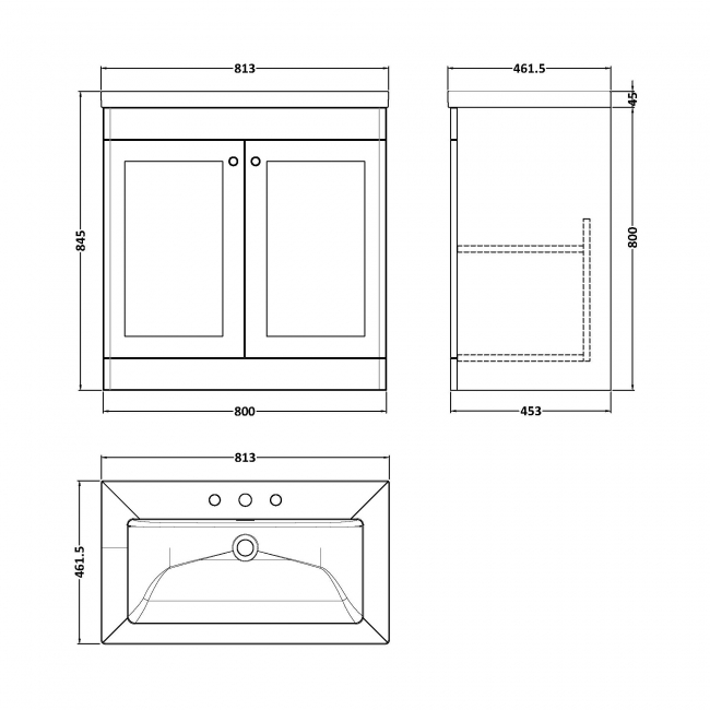 Nuie Classique Floor Standing 2-Door Vanity Unit with 3TH Contemporary Basin 800mm Wide - Satin Green  | Dimension Image