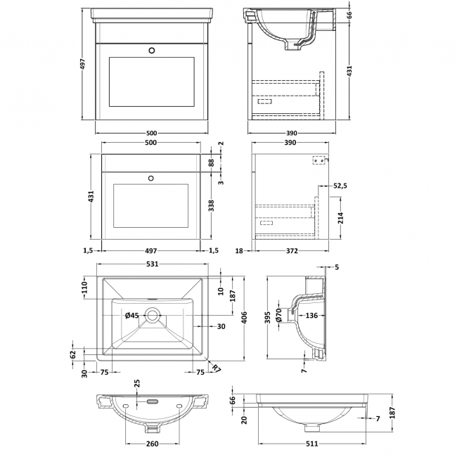 Nuie Classique Wall Hung 1-Drawer Vanity Unit with Basin 500mm Wide Satin Grey - 0 Tap Hole