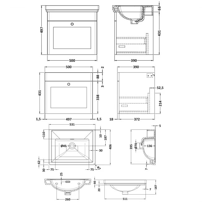 Nuie Classique Wall Hung 1-Drawer Vanity Unit with Basin 500mm Wide Satin Green - 0 Tap Hole