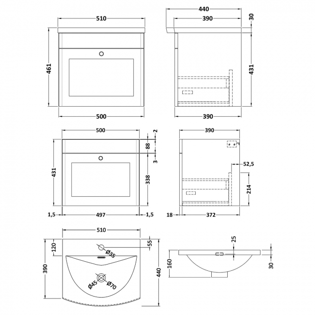 Nuie Classique Wall Hung 1-Drawer Vanity Unit with Curved Basin 500mm Wide - Satin Green