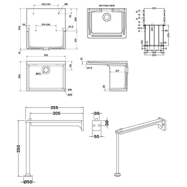 Nuie Cleaner Fireclay Kitchen Sink with Leg and Bracket 515mm L x 393mm W - White
