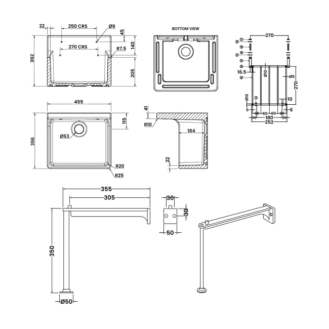 Nuie Cleaner Fireclay Kitchen Sink with Leg and Bracket 455mm L x 396mm W - White
