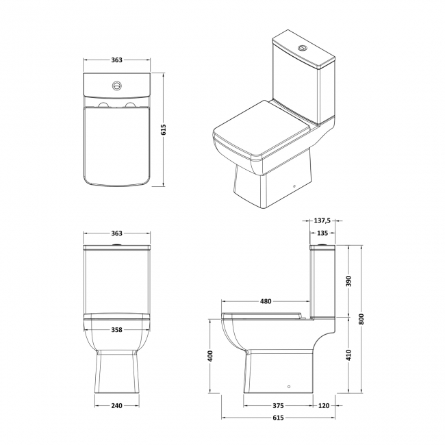Nuie Cleo Comfort Height Close Coupled Toilet Pan with Push Button Cistern - Excluding Seat  | Dimension Image
