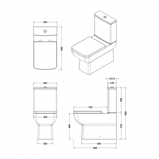 Nuie Cleo Square Flush to Wall Close Coupled Toilet - Excluding Seat