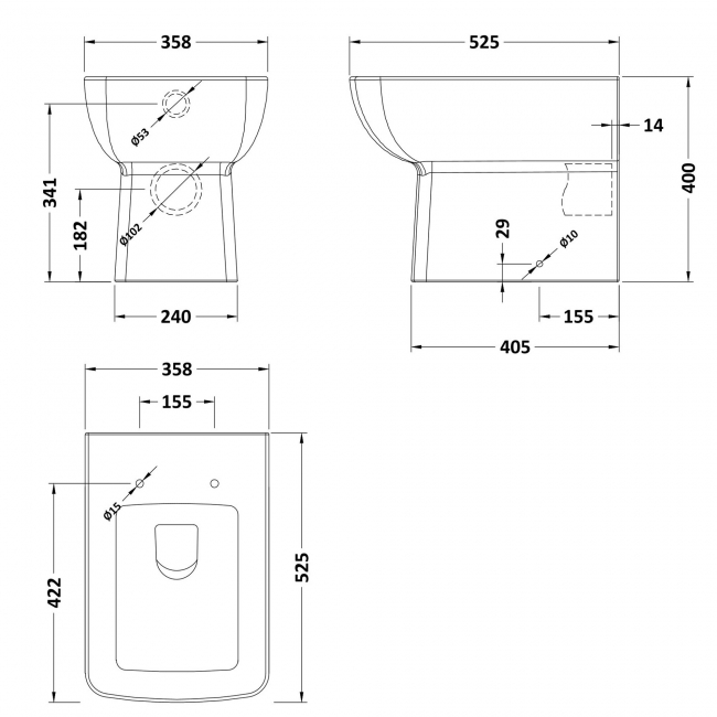 Nuie Cleo Square Back to Wall Toilet Pan - Excluding Seat  | Dimension Image