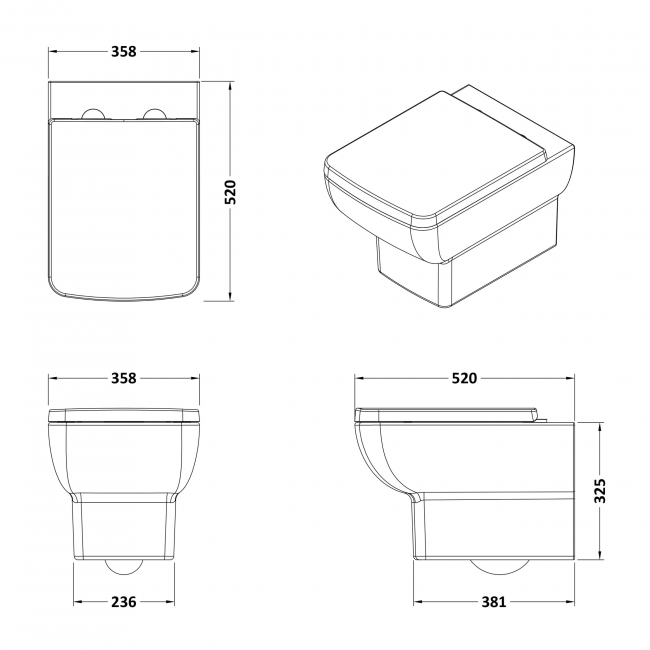 Delphi Colt Rimless Wall Hung Toilet (inc Soft Close Seat)  | Dimension Image