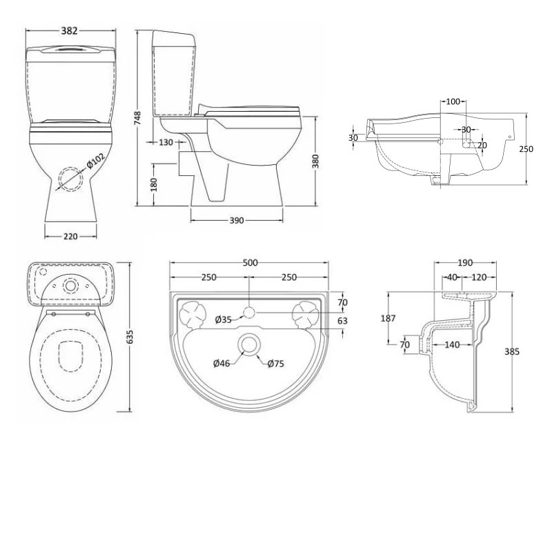 Nuie Bathroom Suite Close Coupled Toilet and Basin 500mm - 1 Tap Hole