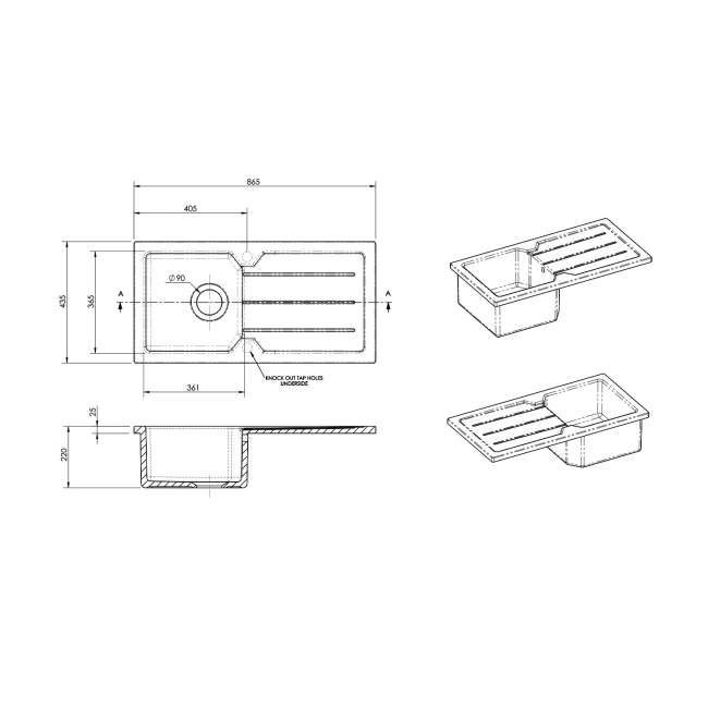 Nuie Inset Kitchen Sink 1.0 Bowl 865mm L x 435mm W - White  | Dimension Image