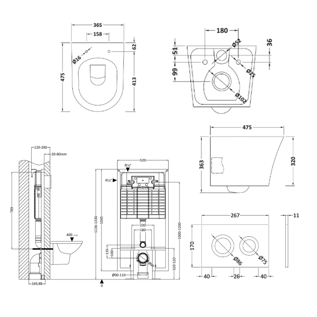 Nuie Round Wall Hung Pan with Brushed Brass Flush Plate and 5-in-1 Frame (including Soft Close Seat)  | Dimension Image